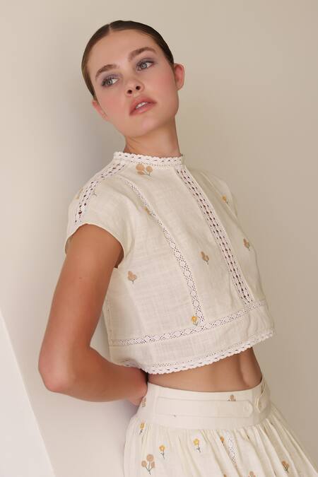 Shop Shruti Sancheti White Linen Embroidery High Neck Crop Top And Skirt Set Shop_Shruti Sancheti_White Linen Embroidery High Neck Crop Top And Skirt Set
