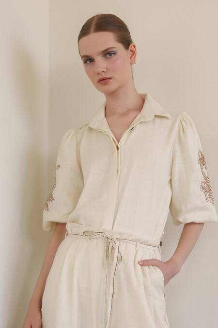 Shruti Sancheti_Beige Linen Embroidery Collared Shirt And Pant Set _Online_at_Aza_Fashions