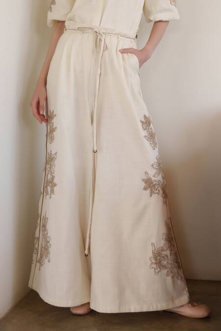 Buy_Shruti Sancheti_Beige Linen Embroidery Collared Shirt And Pant Set _Online_at_Aza_Fashions