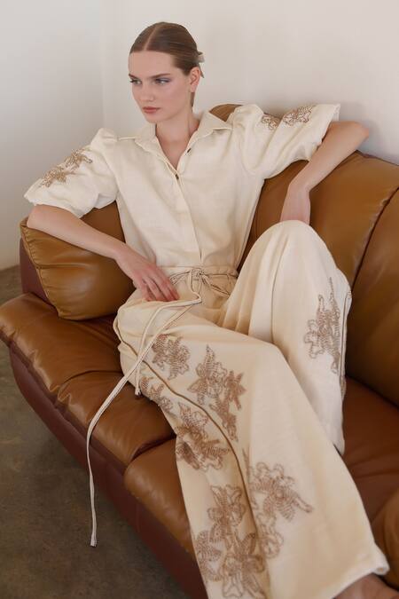 Shruti Sancheti_Beige Linen Embroidery Collared Shirt And Pant Set _at_Aza_Fashions