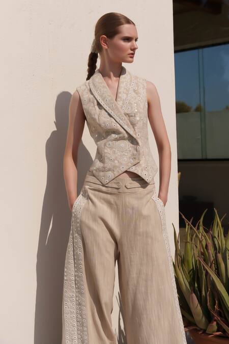 Shruti Sancheti Beige Linen Embroidery V-neck Waistcoat And Flared Pant Set Online at Aza Fashions Shruti Sancheti_Beige Linen Embroidery V-neck Waistcoat And Flared Pant Set _Online_at_Aza_Fashions