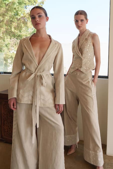 Buy Shruti Sancheti Beige Linen Embroidery V-neck Waistcoat And Flared Pant Set Online at Aza Fashions Buy_Shruti Sancheti_Beige Linen Embroidery V-neck Waistcoat And Flared Pant Set _Online_at_Aza_Fashions