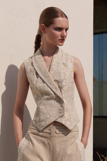 Shop Shruti Sancheti Beige Linen Embroidery V-neck Waistcoat And Flared Pant Set Online at Aza Fashions Shop_Shruti Sancheti_Beige Linen Embroidery V-neck Waistcoat And Flared Pant Set _Online_at_Aza_Fashions