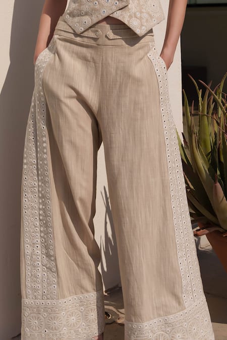 Shruti Sancheti Beige Linen Embroidery V-neck Waistcoat And Flared Pant Set at Aza Fashions Shruti Sancheti_Beige Linen Embroidery V-neck Waistcoat And Flared Pant Set _at_Aza_Fashions