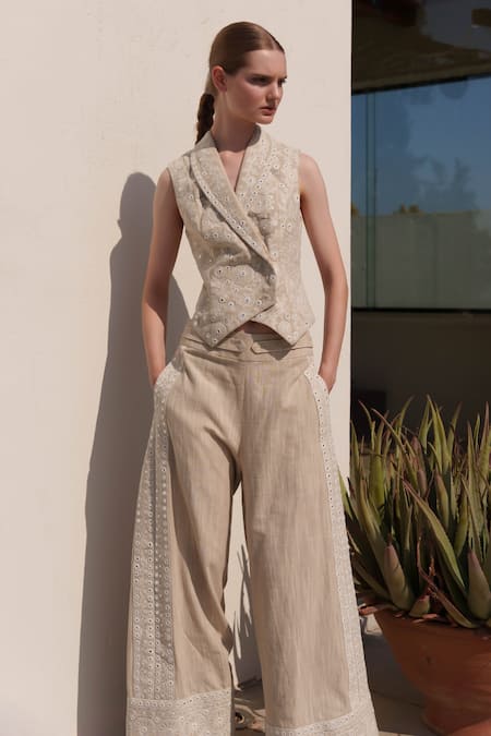 Shruti Sancheti Beige Embroidered Waistcoat & Flared Pant Set 