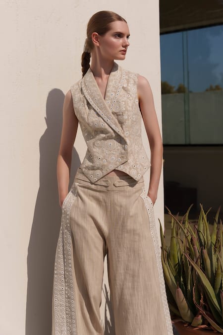 Buy Shruti Sancheti Beige Linen Embroidery V-neck Waistcoat And Flared Pant Set Buy_Shruti Sancheti_Beige Linen Embroidery V-neck Waistcoat And Flared Pant Set