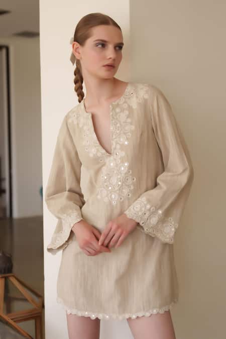 Shruti Sancheti Beige Linen Embroidery V-neck Short Dress Online at Aza Fashions Shruti Sancheti_Beige Linen Embroidery V-neck Short Dress _Online_at_Aza_Fashions