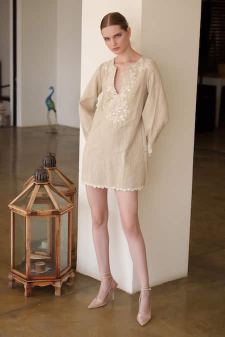 Buy Shruti Sancheti Beige Linen Embroidery V-neck Short Dress Online at Aza Fashions Buy_Shruti Sancheti_Beige Linen Embroidery V-neck Short Dress _Online_at_Aza_Fashions