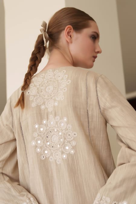 Shop Shruti Sancheti Beige Linen Embroidery V-neck Short Dress at Aza Fashions Shop_Shruti Sancheti_Beige Linen Embroidery V-neck Short Dress _at_Aza_Fashions