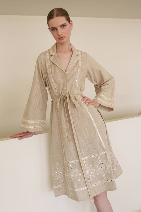Shruti Sancheti Beige Linen Embroidery Collared Midi Dress Online at Aza Fashions Shruti Sancheti_Beige Linen Embroidery Collared Midi Dress _Online_at_Aza_Fashions