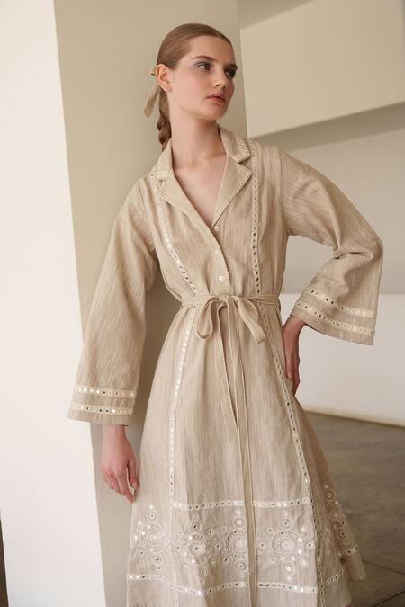 Buy Shruti Sancheti Beige Linen Embroidery Collared Midi Dress Online at Aza Fashions Buy_Shruti Sancheti_Beige Linen Embroidery Collared Midi Dress _Online_at_Aza_Fashions