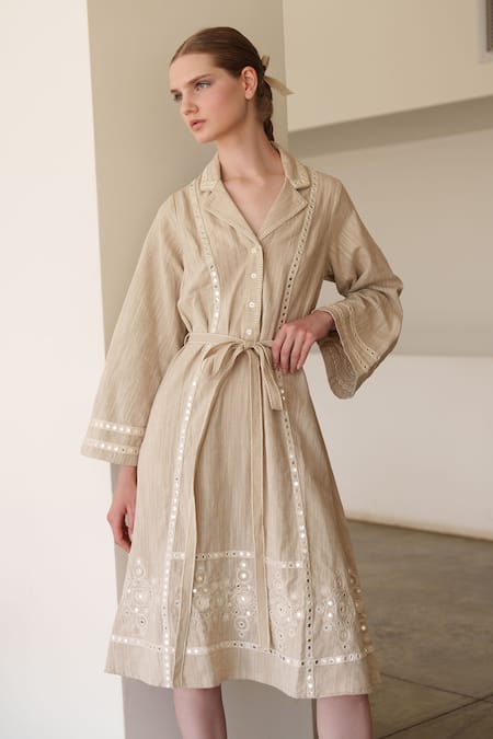 Shop Shruti Sancheti Beige Linen Embroidery Collared Midi Dress at Aza Fashions Shop_Shruti Sancheti_Beige Linen Embroidery Collared Midi Dress _at_Aza_Fashions