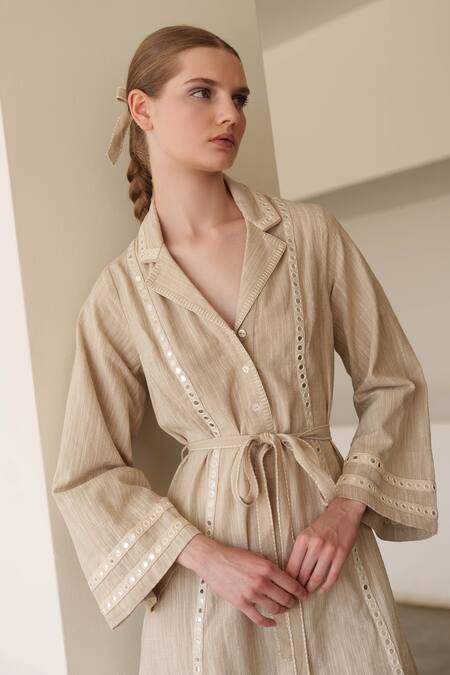 Shop Shruti Sancheti Beige Linen Embroidery Collared Midi Dress Online at Aza Fashions Shop_Shruti Sancheti_Beige Linen Embroidery Collared Midi Dress _Online_at_Aza_Fashions