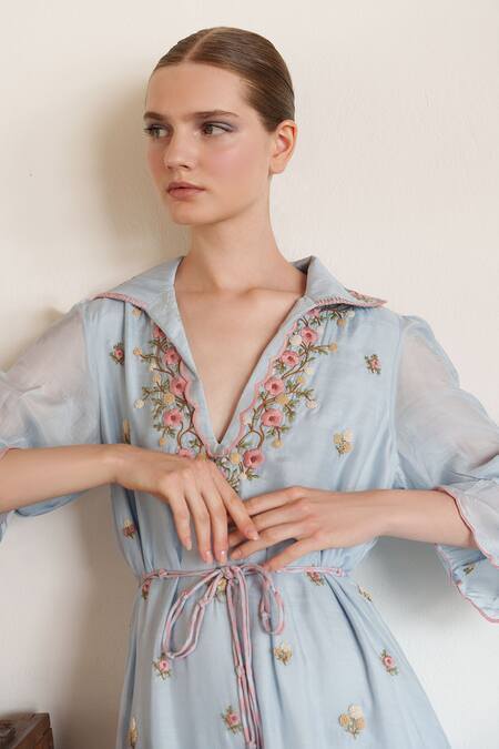 Shruti Sancheti Blue Muslin Embroidery V-neck Short Dress Online at Aza Fashions Shruti Sancheti_Blue Muslin Embroidery V-neck Short Dress _Online_at_Aza_Fashions