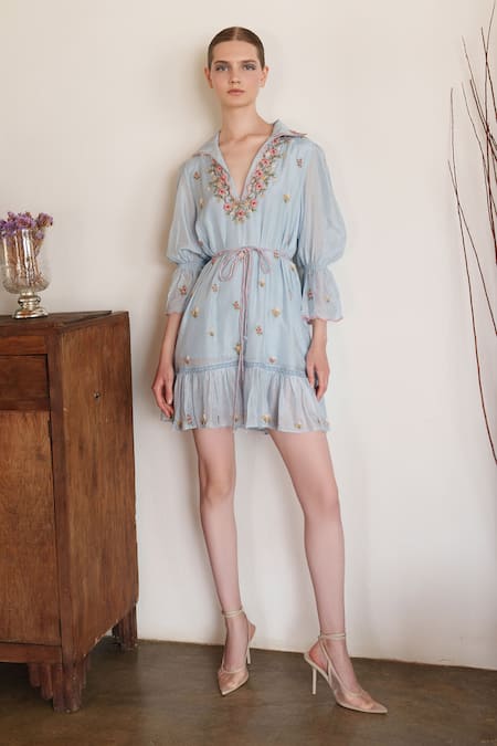 Shop Shruti Sancheti Blue Muslin Embroidery V-neck Short Dress at Aza Fashions Shop_Shruti Sancheti_Blue Muslin Embroidery V-neck Short Dress _at_Aza_Fashions