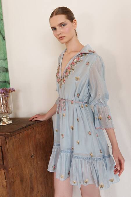 Buy Shruti Sancheti Blue Muslin Embroidery V-neck Short Dress Online at Aza Fashions Buy_Shruti Sancheti_Blue Muslin Embroidery V-neck Short Dress _Online_at_Aza_Fashions