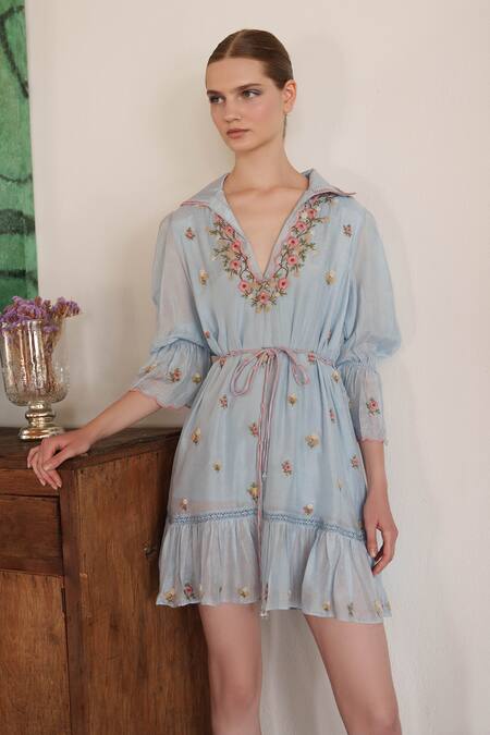 Shop Shruti Sancheti Blue Muslin Embroidery V-neck Short Dress Online at Aza Fashions Shop_Shruti Sancheti_Blue Muslin Embroidery V-neck Short Dress _Online_at_Aza_Fashions