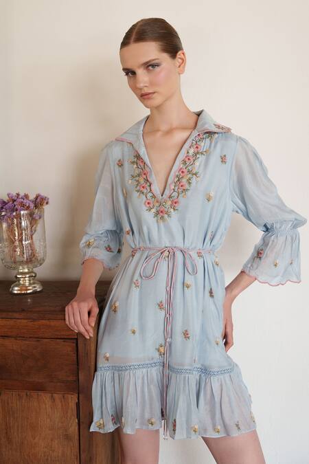Shruti Sancheti Blue Muslin Embroidery V-neck Short Dress at Aza Fashions Shruti Sancheti_Blue Muslin Embroidery V-neck Short Dress _at_Aza_Fashions