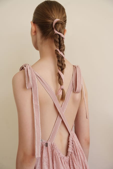 Shop Shruti Sancheti Pink Muslin Embroidery V-neck Maxi Dress at Aza Fashions Shop_Shruti Sancheti_Pink Muslin Embroidery V-neck Maxi Dress _at_Aza_Fashions