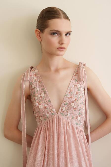 Shruti Sancheti Pink Muslin Embroidery V-neck Maxi Dress Online at Aza Fashions Shruti Sancheti_Pink Muslin Embroidery V-neck Maxi Dress _Online_at_Aza_Fashions