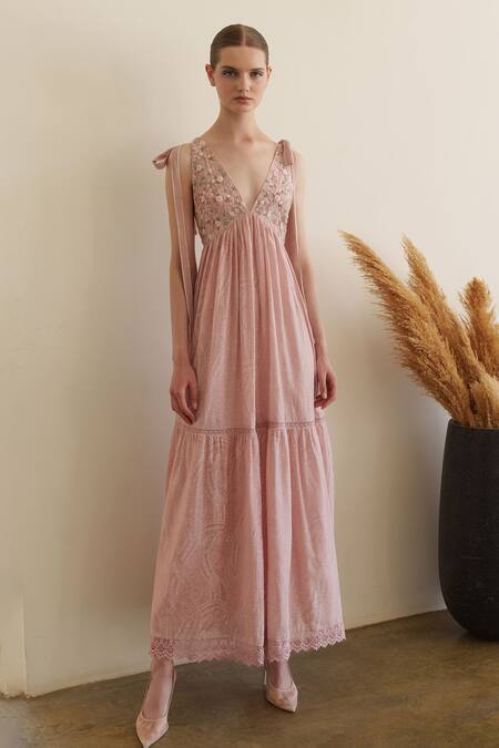 Buy Shruti Sancheti Pink Muslin Embroidery V-neck Maxi Dress Online at Aza Fashions Buy_Shruti Sancheti_Pink Muslin Embroidery V-neck Maxi Dress _Online_at_Aza_Fashions