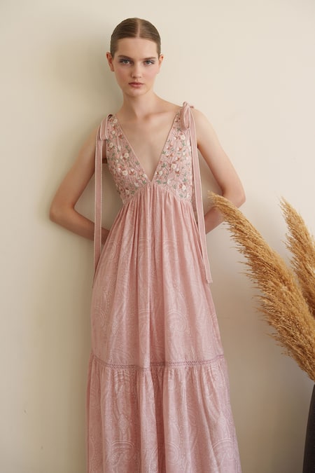 Shop Shruti Sancheti Pink Muslin Embroidery V-neck Maxi Dress Online at Aza Fashions Shop_Shruti Sancheti_Pink Muslin Embroidery V-neck Maxi Dress _Online_at_Aza_Fashions