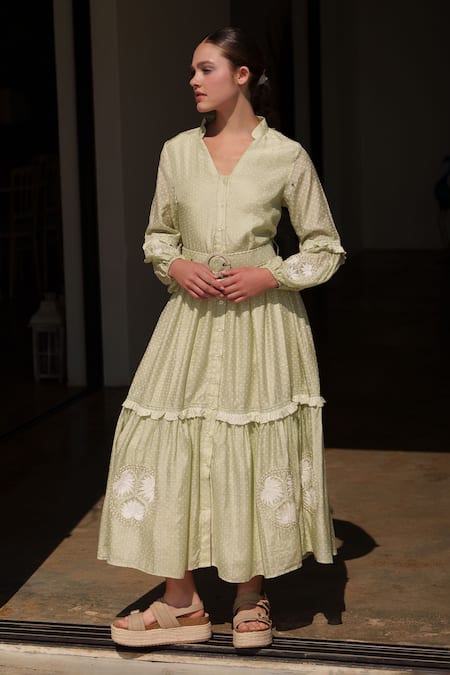 Shop Shruti Sancheti Green Muslin Embroidery Collared Midi Dress at Aza Fashions Shop_Shruti Sancheti_Green Muslin Embroidery Collared Midi Dress _at_Aza_Fashions