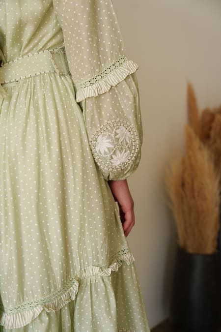 Shruti Sancheti Green Muslin Embroidery Collared Midi Dress Online at Aza Fashions Shruti Sancheti_Green Muslin Embroidery Collared Midi Dress _Online_at_Aza_Fashions