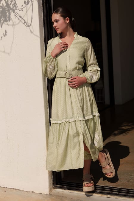 Buy Shruti Sancheti Green Muslin Embroidery Collared Midi Dress Online at Aza Fashions Buy_Shruti Sancheti_Green Muslin Embroidery Collared Midi Dress _Online_at_Aza_Fashions