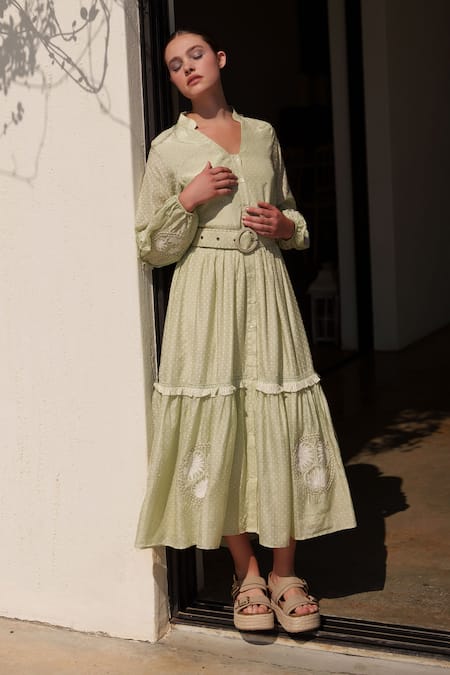 Shop Shruti Sancheti Green Muslin Embroidery Collared Midi Dress Online at Aza Fashions Shop_Shruti Sancheti_Green Muslin Embroidery Collared Midi Dress _Online_at_Aza_Fashions