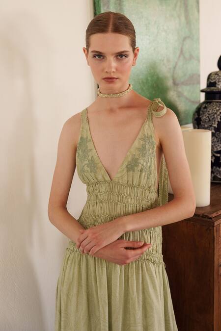 Buy_Shruti Sancheti_Green Muslin Embroidery Plunge Neck Maxi Dress _Online_at_Aza_Fashions