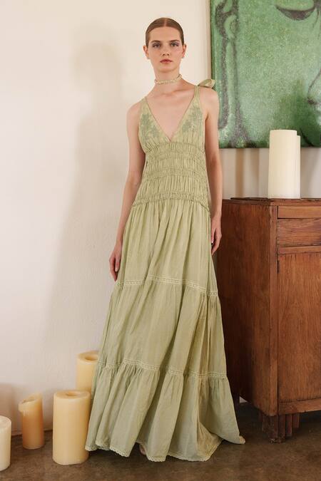 Shop_Shruti Sancheti_Green Muslin Embroidery Plunge Neck Maxi Dress _Online_at_Aza_Fashions