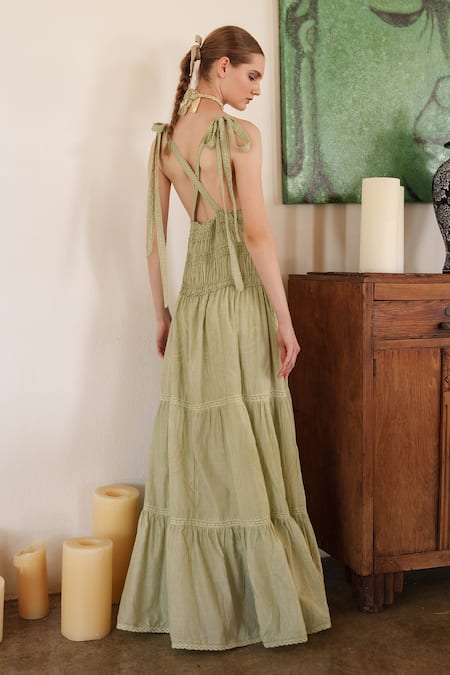 Shop_Shruti Sancheti_Green Muslin Embroidery Plunge Neck Maxi Dress _at_Aza_Fashions