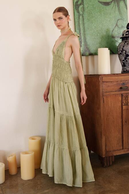 Shruti Sancheti_Green Muslin Embroidery Plunge Neck Maxi Dress _at_Aza_Fashions