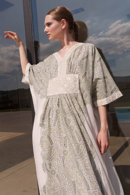 Shop Shruti Sancheti Multi Color Cotton Embroidery V-neck Multicolor Kaftan Online at Aza Fashions Shop_Shruti Sancheti_Multi Color Cotton Embroidery V-neck Multicolor Kaftan _Online_at_Aza_Fashions