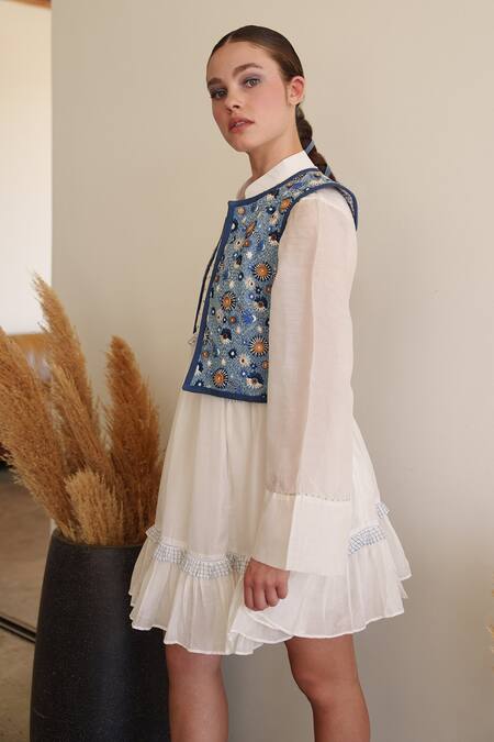 Shruti Sancheti White Chanderi Embroidery Collared Chambray Dress Online at Aza Fashions Shruti Sancheti_White Chanderi Embroidery Collared Chambray Dress _Online_at_Aza_Fashions