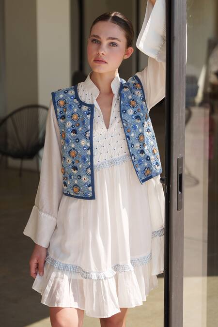 Buy Shruti Sancheti White Chanderi Embroidery Collared Chambray Dress Online at Aza Fashions Buy_Shruti Sancheti_White Chanderi Embroidery Collared Chambray Dress _Online_at_Aza_Fashions