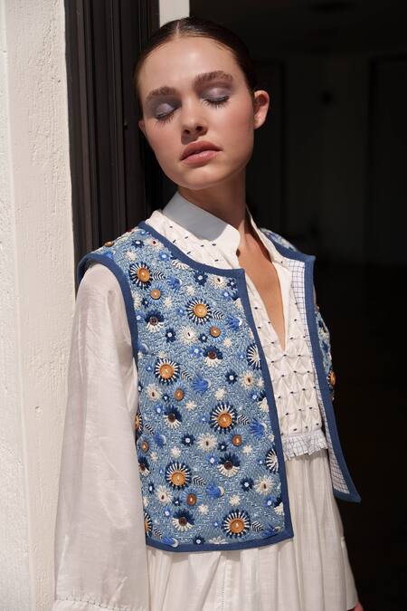 Shop Shruti Sancheti White Chanderi Embroidery Collared Chambray Dress Online at Aza Fashions Shop_Shruti Sancheti_White Chanderi Embroidery Collared Chambray Dress _Online_at_Aza_Fashions