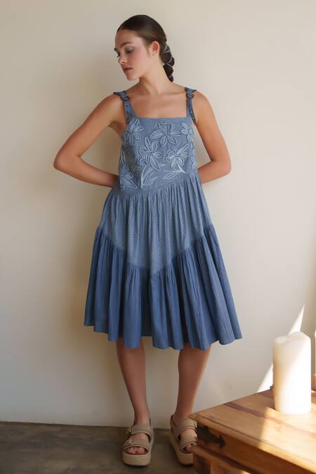 Shruti Sancheti Blue Cotton Embroidery Square Neck Chambray Midi Dress Online at Aza Fashions Shruti Sancheti_Blue Cotton Embroidery Square Neck Chambray Midi Dress _Online_at_Aza_Fashions