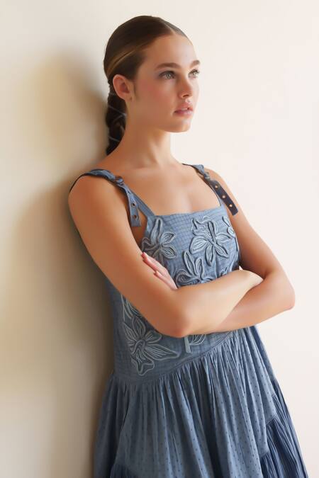 Buy Shruti Sancheti Blue Cotton Embroidery Square Neck Chambray Midi Dress Online at Aza Fashions Buy_Shruti Sancheti_Blue Cotton Embroidery Square Neck Chambray Midi Dress _Online_at_Aza_Fashions