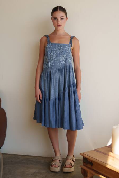 Shop Shruti Sancheti Blue Cotton Embroidery Square Neck Chambray Midi Dress Online at Aza Fashions Shop_Shruti Sancheti_Blue Cotton Embroidery Square Neck Chambray Midi Dress _Online_at_Aza_Fashions