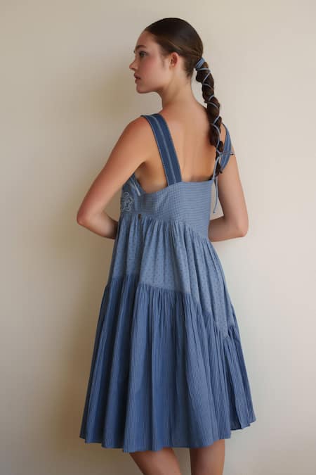 Shop Shruti Sancheti Blue Cotton Embroidery Square Neck Chambray Midi Dress at Aza Fashions Shop_Shruti Sancheti_Blue Cotton Embroidery Square Neck Chambray Midi Dress _at_Aza_Fashions