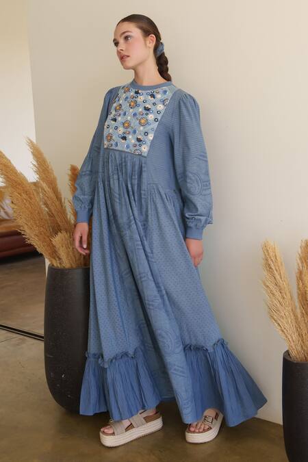 Shruti Sancheti Blue Embroidery Round Neck Chambray Maxi Dress Online at Aza Fashions Shruti Sancheti_Blue Embroidery Round Neck Chambray Maxi Dress _Online_at_Aza_Fashions