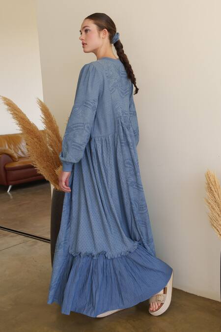 Shop Shruti Sancheti Blue Embroidery Round Neck Chambray Maxi Dress at Aza Fashions Shop_Shruti Sancheti_Blue Embroidery Round Neck Chambray Maxi Dress _at_Aza_Fashions