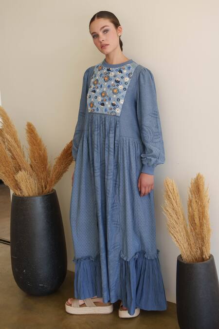 Buy Shruti Sancheti Blue Embroidery Round Neck Chambray Maxi Dress Online at Aza Fashions Buy_Shruti Sancheti_Blue Embroidery Round Neck Chambray Maxi Dress _Online_at_Aza_Fashions