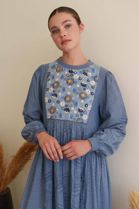 Shop Shruti Sancheti Blue Embroidery Round Neck Chambray Maxi Dress Online at Aza Fashions Shop_Shruti Sancheti_Blue Embroidery Round Neck Chambray Maxi Dress _Online_at_Aza_Fashions