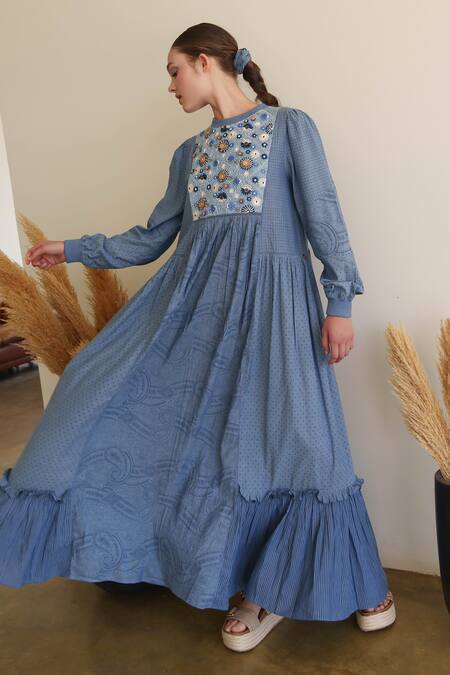 Shruti Sancheti Blue Embroidery Round Neck Chambray Maxi Dress at Aza Fashions Shruti Sancheti_Blue Embroidery Round Neck Chambray Maxi Dress _at_Aza_Fashions