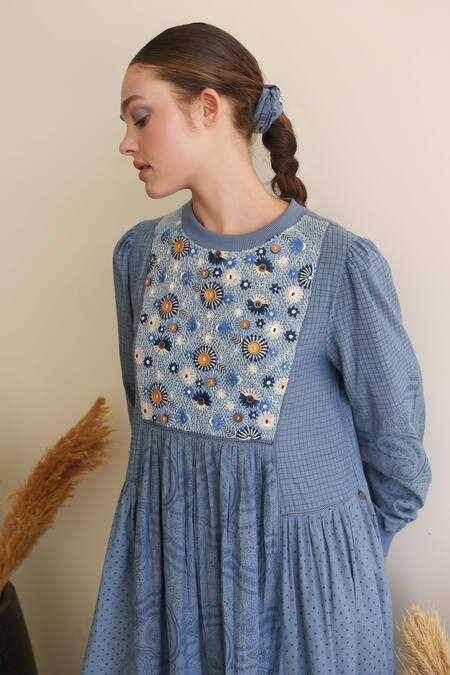 Buy Shruti Sancheti Blue Embroidery Round Neck Chambray Maxi Dress Buy_Shruti Sancheti_Blue Embroidery Round Neck Chambray Maxi Dress