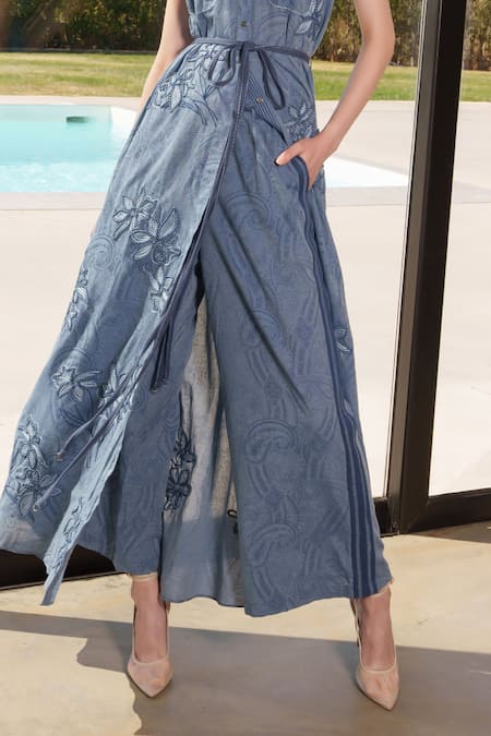 Buy_Shruti Sancheti_Blue Cotton, Chiffon Embroidery Collared Chambray Tunic And Pant Set _Online_at_Aza_Fashions