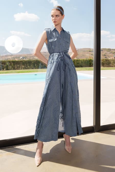 Shop_Shruti Sancheti_Blue Cotton, Chiffon Embroidery Collared Chambray Tunic And Pant Set _at_Aza_Fashions